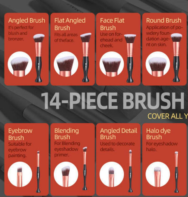 14 Pcs Upright Professional Makeup Brushes Set Foundation Travel Blending Concealers Face Powder Eye Makeup Brush Sets