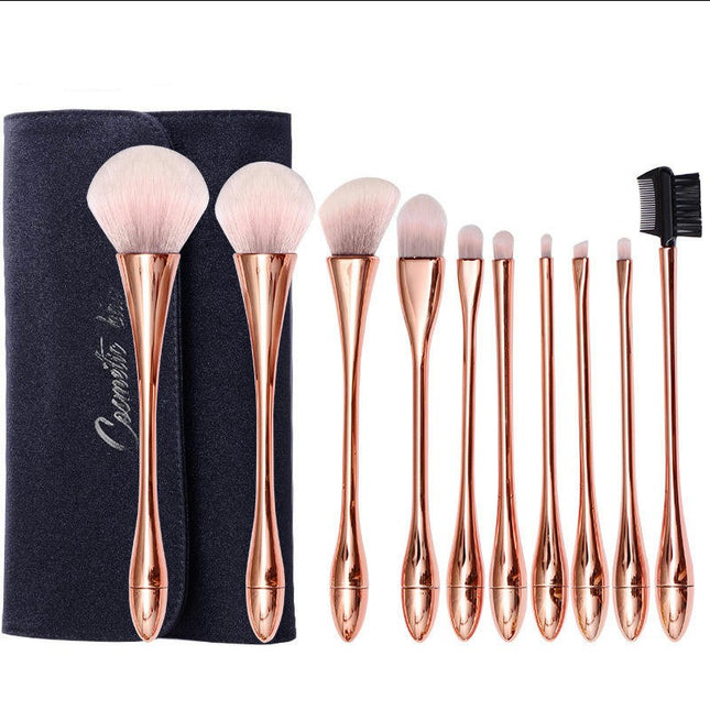 10Pc Full Face Makeup Brush Set with Travel Bag  Professional  Natural Hair-Like Bristles