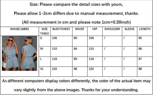 Women's Short Sleeve Front Button Denim Romper Waist Tie Jean Jumpsuit Shorts