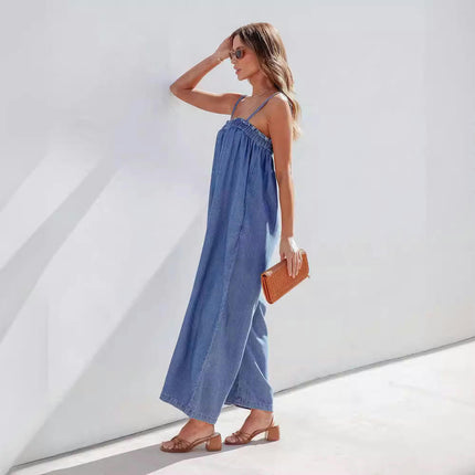 Women's Summer Denim Wide Leg Jumpsuits Sleeveless Spaghetti Strap Baggy Denim Romper