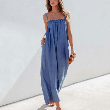 Women's Summer Denim Wide Leg Jumpsuits Sleeveless Spaghetti Strap Baggy Denim Romper
