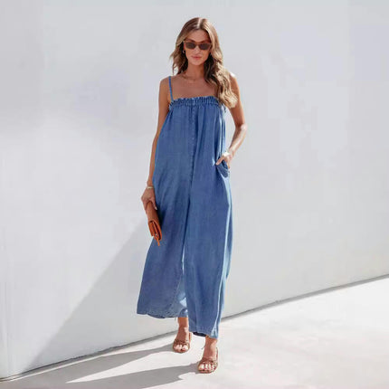 Women's Summer Denim Wide Leg Jumpsuits Sleeveless Spaghetti Strap Baggy Denim Romper