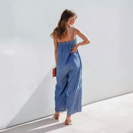 Women's Summer Denim Wide Leg Jumpsuits Sleeveless Spaghetti Strap Baggy Denim Romper