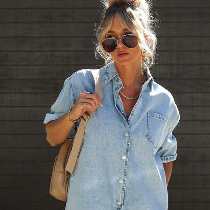Women's Baggy Vintage Short Denim Jumpsuit Short Sleeve Button Down Jean Jumpsuit Rompers