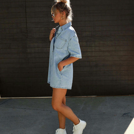 Women's Baggy Vintage Short Denim Jumpsuit Short Sleeve Button Down Jean Jumpsuit Rompers