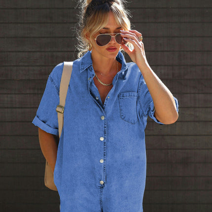 Women's Baggy Vintage Short Denim Jumpsuit Short Sleeve Button Down Jean Jumpsuit Rompers