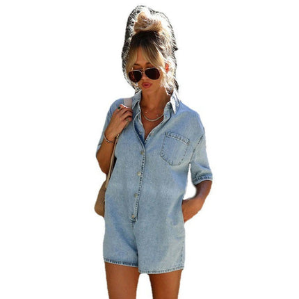 Women's Baggy Vintage Short Denim Jumpsuit Short Sleeve Button Down Jean Jumpsuit Rompers