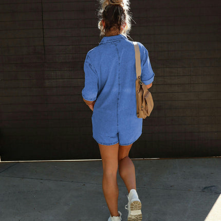 Women's Baggy Vintage Short Denim Jumpsuit Short Sleeve Button Down Jean Jumpsuit Rompers