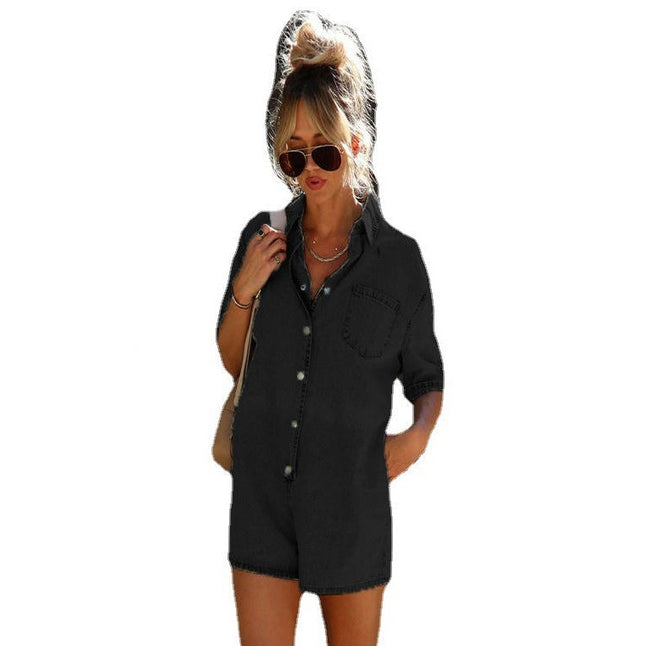 Women's Baggy Vintage Short Denim Jumpsuit Short Sleeve Button Down Jean Jumpsuit Rompers