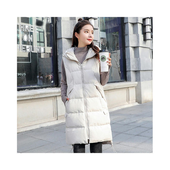 Long Puffer Vest for Women Hooded Padded Winter Vests Sleeveless Jackets Outerwear