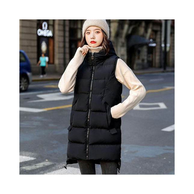 Long Puffer Vest for Women Hooded Padded Winter Vests Sleeveless Jackets Outerwear