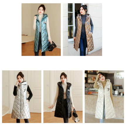 Women Long Sleeveless Quilted Puffer Vest Hooded Jacket Winter Padded Gilet