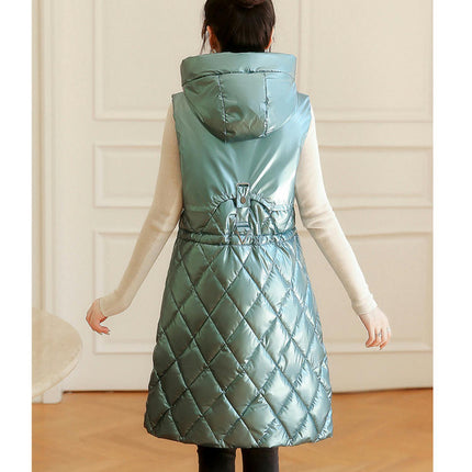 Women Long Sleeveless Quilted Puffer Vest Hooded Jacket Winter Padded Gilet