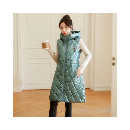 Women Long Sleeveless Quilted Puffer Vest Hooded Jacket Winter Padded Gilet