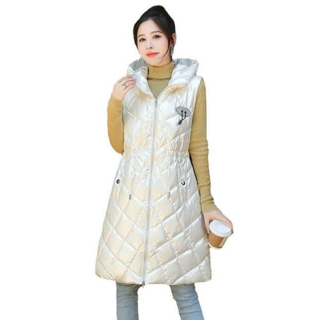 Women Long Sleeveless Quilted Puffer Vest Hooded Jacket Winter Padded Gilet