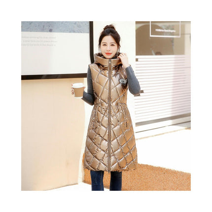 Women Long Sleeveless Quilted Puffer Vest Hooded Jacket Winter Padded Gilet