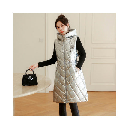 Women Long Sleeveless Quilted Puffer Vest Hooded Jacket Winter Padded Gilet
