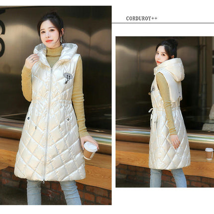 Women Long Sleeveless Quilted Puffer Vest Hooded Jacket Winter Padded Gilet
