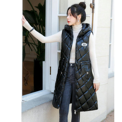 Women Long Sleeveless Quilted Puffer Vest Hooded Jacket Winter Padded Gilet