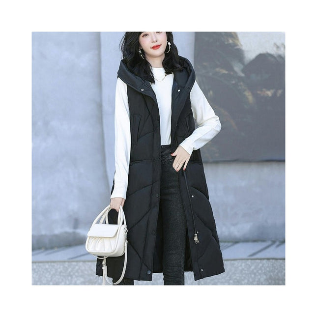 Womens Long Puffer Vest Full-Zip Hooded Sleeveless Jacket with Pockets