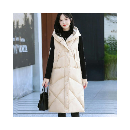 Womens Long Puffer Vest Full-Zip Hooded Sleeveless Jacket with Pockets
