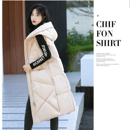 Womens Long Puffer Vest Full-Zip Hooded Sleeveless Jacket with Pockets