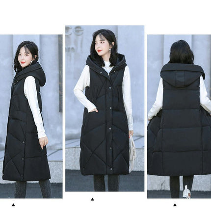 Womens Long Puffer Vest Full-Zip Hooded Sleeveless Jacket with Pockets