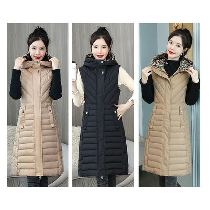 Women Long Puffer Vest with Hood Winter Quilted Sleeveless Gilet Jacket