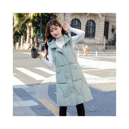 Womens Long Padded Puffer Vest Full-Zip Hooded Sleeveless Jacket with Pockets