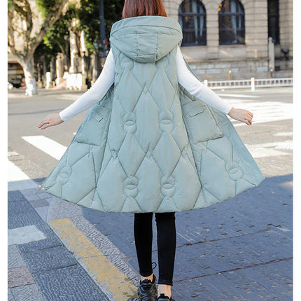 Womens Long Padded Puffer Vest Full-Zip Hooded Sleeveless Jacket with Pockets