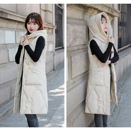 Womens Long Padded Puffer Vest Full-Zip Hooded Sleeveless Jacket with Pockets