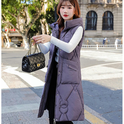 Womens Long Padded Puffer Vest Full-Zip Hooded Sleeveless Jacket with Pockets
