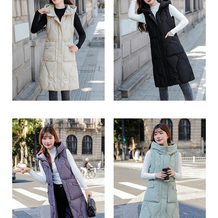 Womens Long Padded Puffer Vest Full-Zip Hooded Sleeveless Jacket with Pockets