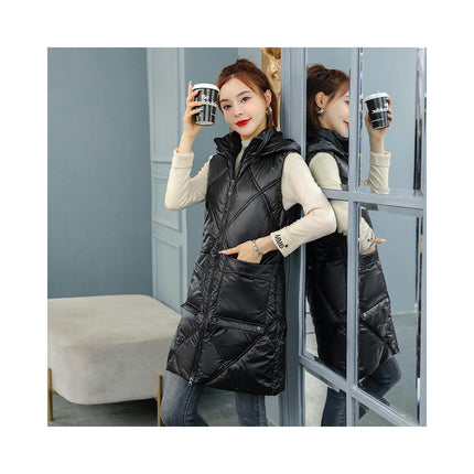 Women's Winter Hooded Puffer Vest Full-Zip Sleeveless Long Coats Jacket