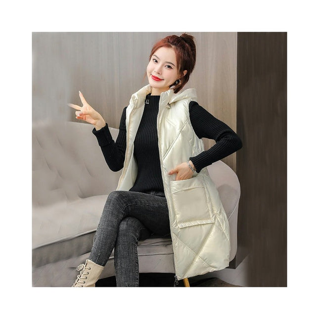 Women's Winter Hooded Puffer Vest Full-Zip Sleeveless Long Coats Jacket
