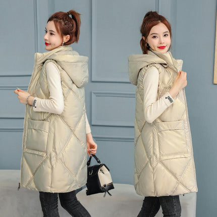 Women's Winter Hooded Puffer Vest Full-Zip Sleeveless Long Coats Jacket