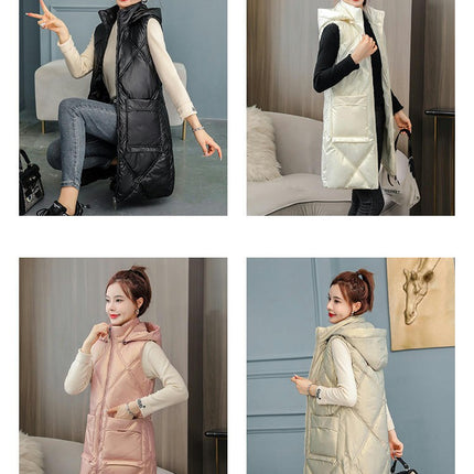 Women's Winter Hooded Puffer Vest Full-Zip Sleeveless Long Coats Jacket