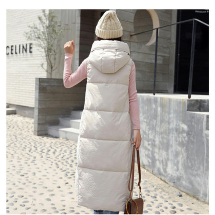 Women's Long Hooded Sleeveless Puffer Vest Full-zip Padded Jacket