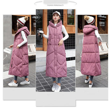 Women's Long Hooded Sleeveless Puffer Vest Full-zip Padded Jacket
