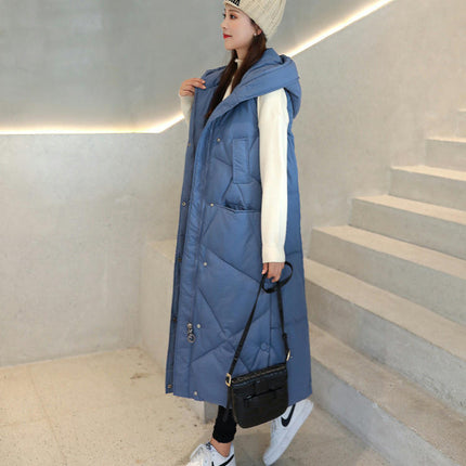 Women's Long Hooded Sleeveless Puffer Vest Full-zip Padded Jacket