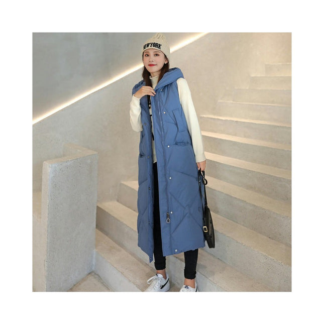Women's Long Hooded Sleeveless Puffer Vest Full-zip Padded Jacket