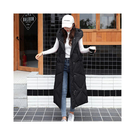 Women's Long Hooded Sleeveless Puffer Vest Full-zip Padded Jacket