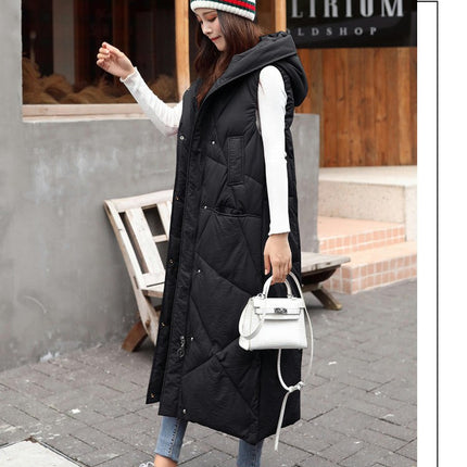 Women's Long Hooded Sleeveless Puffer Vest Full-zip Padded Jacket