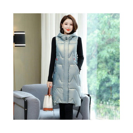 Womens Quilted Puffer Vest Long Sleeveless Hooded Jackets Warm Winter Gilet Coats