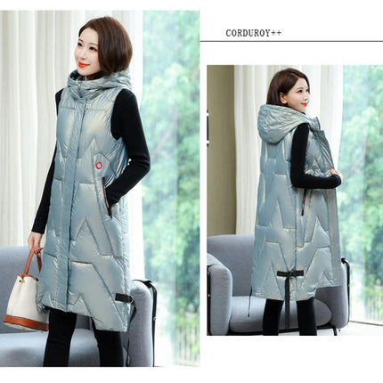 Womens Quilted Puffer Vest Long Sleeveless Hooded Jackets Warm Winter Gilet Coats