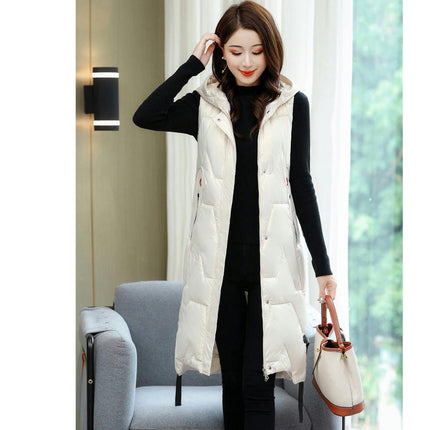 Womens Quilted Puffer Vest Long Sleeveless Hooded Jackets Warm Winter Gilet Coats