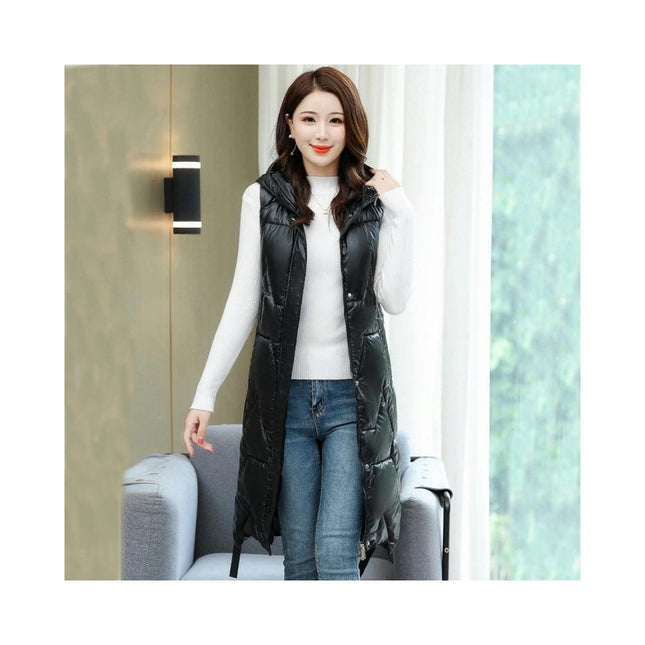Womens Quilted Puffer Vest Long Sleeveless Hooded Jackets Warm Winter Gilet Coats
