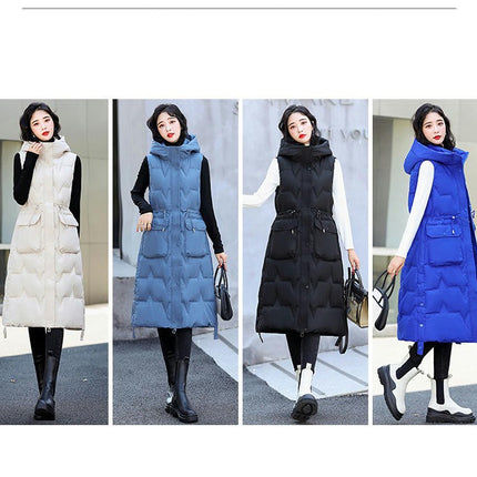 Women's Long Quilted Puffer Vest Hooded Sleeveless Padded Winter Gilet Coat