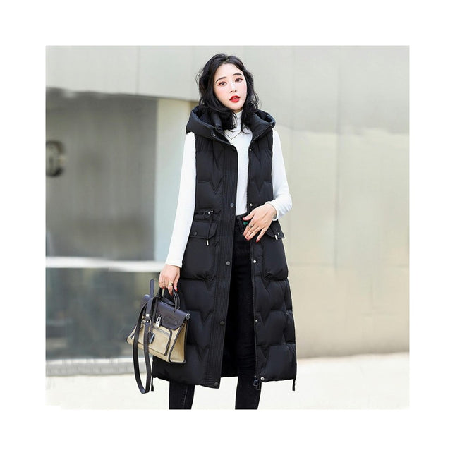 Women's Long Quilted Puffer Vest Hooded Sleeveless Padded Winter Gilet Coat