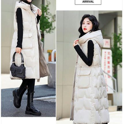 Women's Long Quilted Puffer Vest Hooded Sleeveless Padded Winter Gilet Coat
